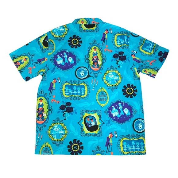 Disney Parks Haunted Mansion Short Sleeve Button Up Camp Shirt Size M Blue NWT